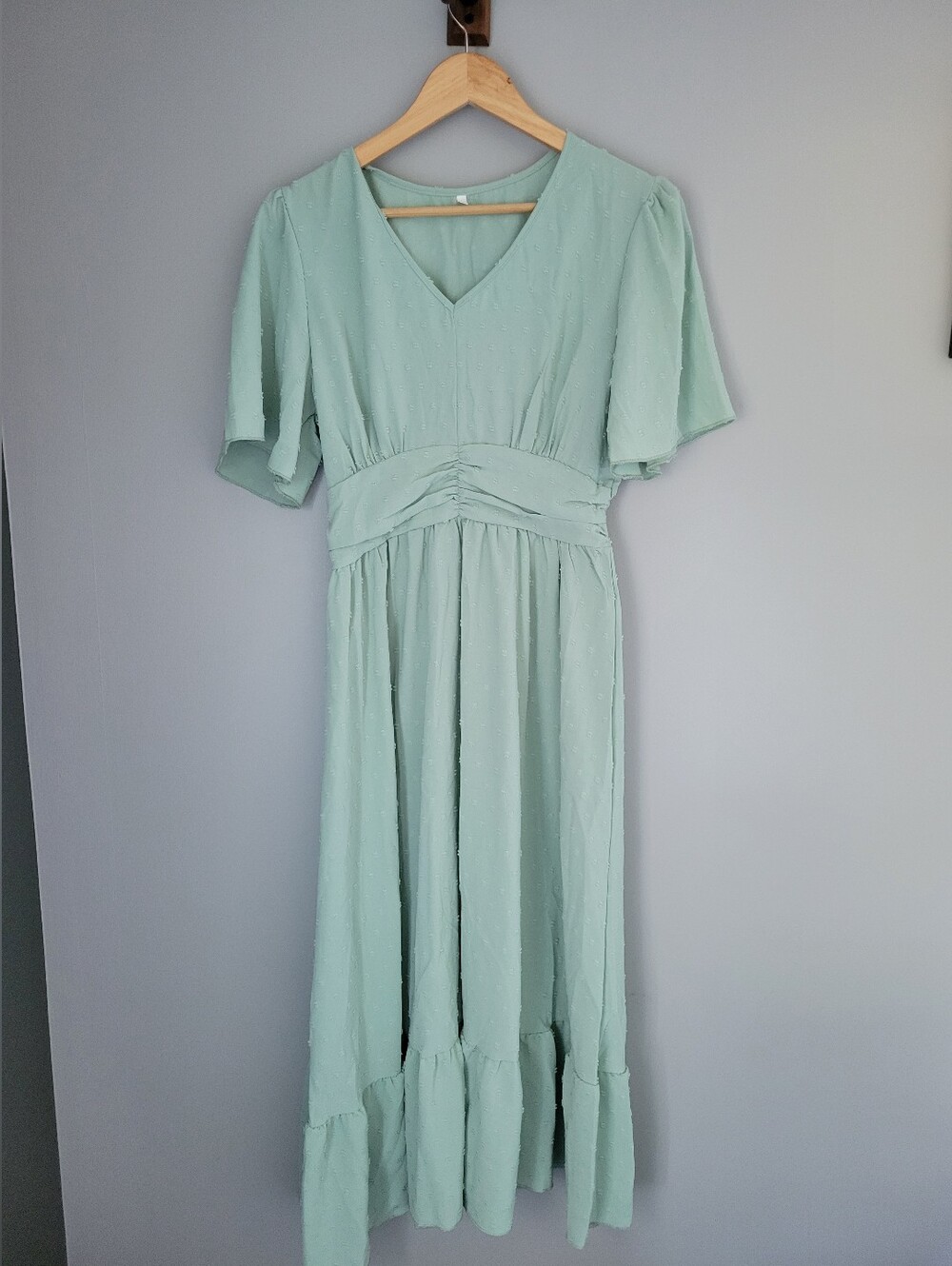 NWOT Midi Dress Size S Mint Green Swiss Dot Boho Modest Flutter Sleeves V-Neck